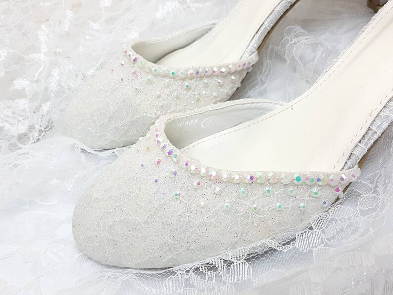 Glitter Lace Wedding Shoes Low Heel Glitter Wedding Shoes Low Etsy UK