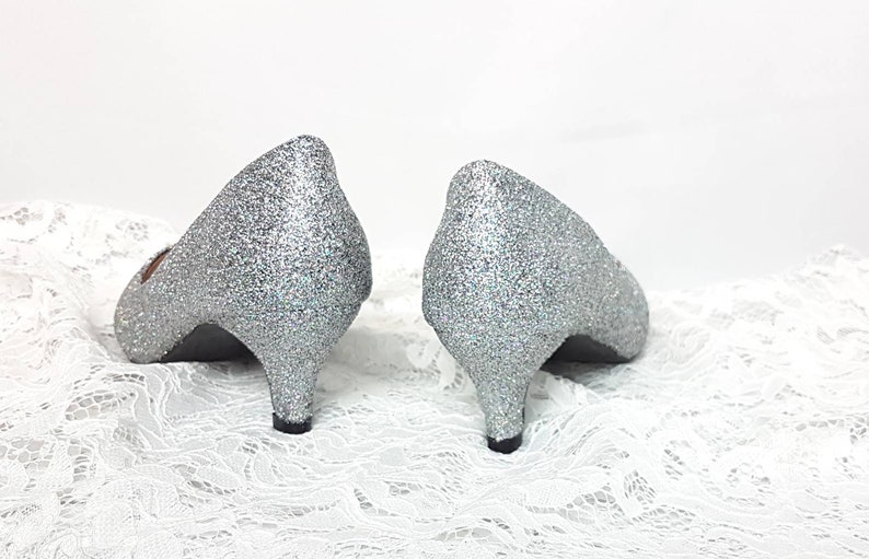 low heel silver sparkly shoes