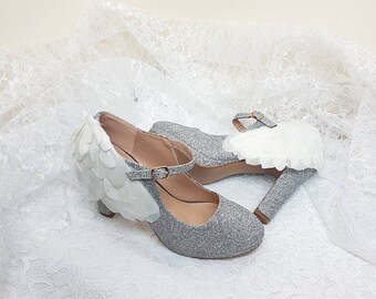 Angel wedding shoes custom, custom wedding shoes white, wedding shoes silver, angel shoes white, custom shoes, angel block heel silver