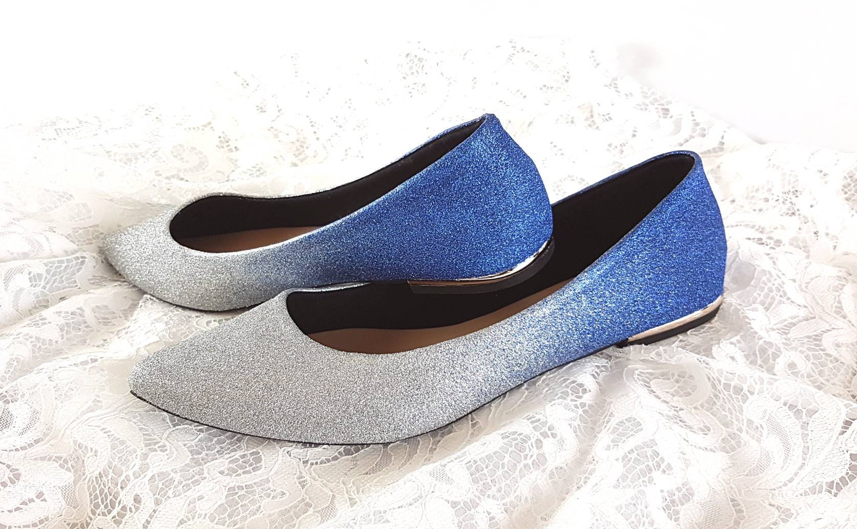 Blue Silver Glitter Shoes Flat Blue Wedding Shoes Flat Etsy UK