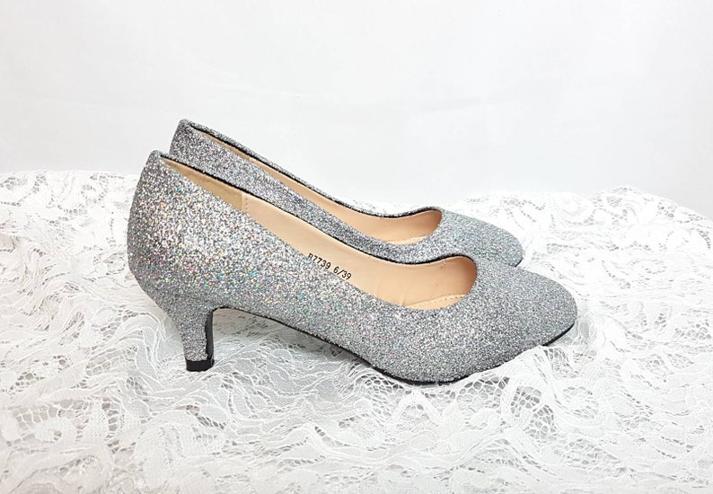 low heel silver sparkly shoes