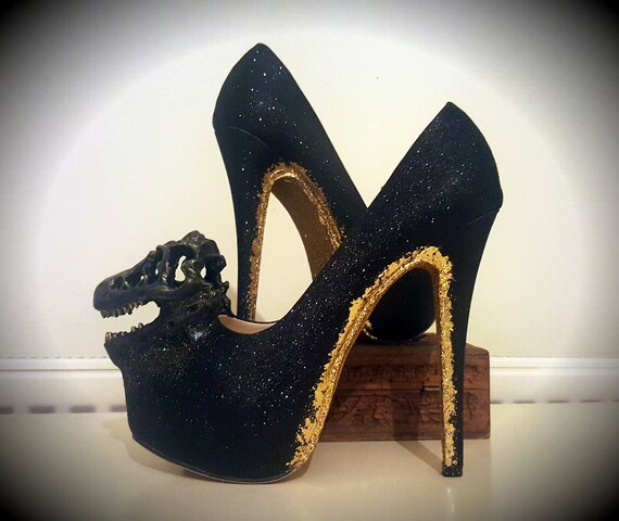 Skull Dinosaur Shoes Gold Heels 