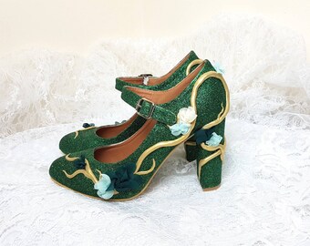Custom fairytale wedding shoes, custom wedding shoes, fairytale wedding shoes, custom glitter heels, custom heels, glitter block heel, green