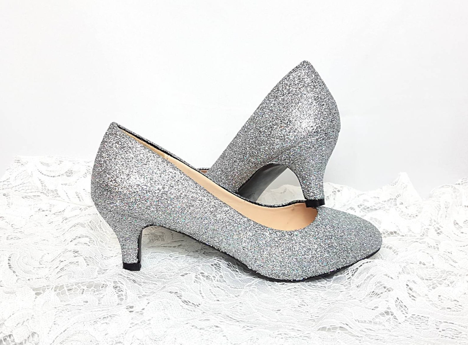 silver glitter low heels