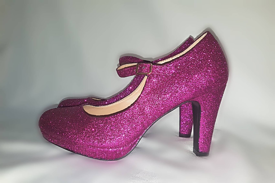 Mary Jane Glitter Shoes Block Heel Pinkmary Jane Wedding Etsy UK