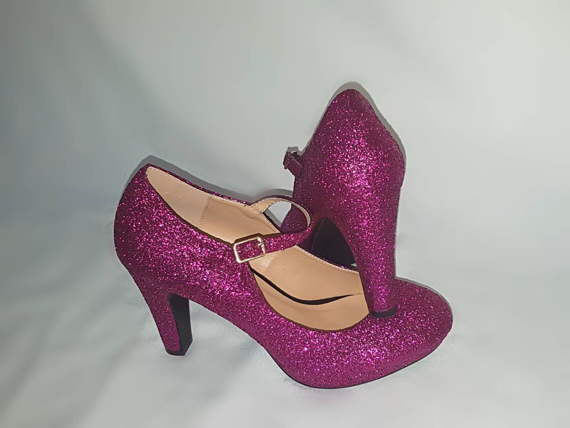 Mary Jane Glitter Shoes Block Heel Pinkmary Jane Wedding Etsy UK