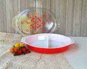 Vintage Pyrex Bowl Divided Casserole Dish Friendship Red with Bird 12 1 2 quot x 8 1 2 quot 474-B 1960 39 s 1 1 2 Qt. Collectable