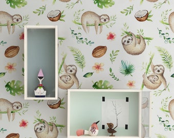 Sloth removable wallpaper, Animals wall mural, Leaves wall decor, Peel and stick, Reusable, Removable, Repositionable MAF182