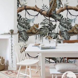 Jungle Wildlife wall decor, Leaves removable wallpaper, Leaf wall mural, Removable, Reusable, Repositionable, Peel and stick MAF031