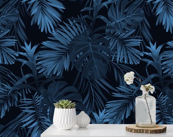 Dark leaves wallpaper, Leaf watercolor removable wallpaper, Leaves on the black background wall mural, Reusable, Peel and stick MAF004