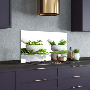 Kitchen Glass Panel, Wall Protector, Herbs Splashback, White Kitchen Backsplash, Green Kitchen Wall Protection, Food, Tempered Glass