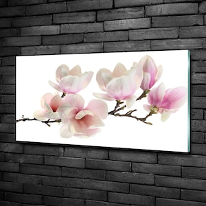 Glass Wall Art, Magnolia Flower Glass Wall Art, White Print On Tempered Glass, Pink Printing, Floral Wall Decor, Glassware, Premium