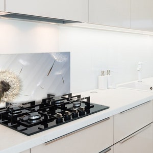 Kitchen Glass Panel, Wall Protector, Dandelion Kitchen Backsplash, Beige Glass Splashback, White Wall, Botanical, Tempered Glass