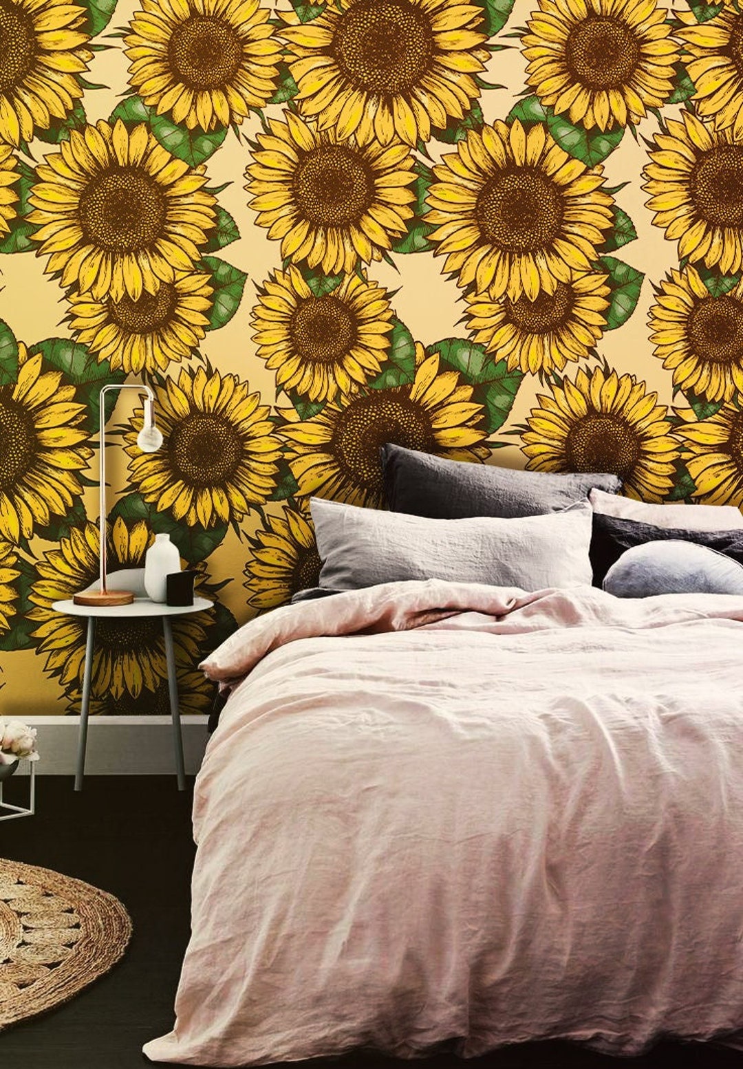 Sunflower Field Wallpaper, Removable Wallpaper, Yellow, Green, Flowery ...
