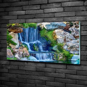 Art mural en verre, impression panoramique paysage sur verre, impression verte sur verre trempé, décoration murale bleue, art mural cascade, verrerie