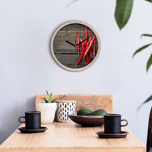 Wood Wall Clock, Red Chilli Peppers Wooden Clock, Red , Diameter 20 cm, Brown Minimalist Room Clock, Food , Two Tips To Choose, Modern Watch