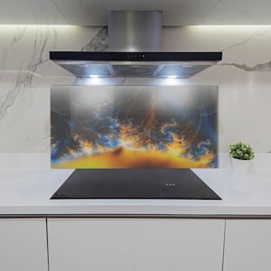 Kitchen Glass Panel, Wall Protector, Solar Storm Splashback For Kitchem, Orange Backsplash Panel, Blue, Abstract, Tempered Glass