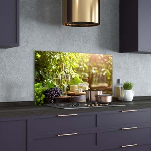 Kitchen Glass Panel, Wall Protector, Cheese Board And Wine Kitchen Backsplash, Green Glass Splashback, Purple Wall, Food, Tempered Glass