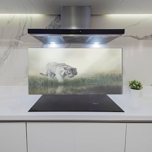 Kitchen Glass Panel, Wall Protector, White Tiger Backsplash, Beige Splashback For Kitchem, Green, Animal, Tempered Glass, Toughened Glass