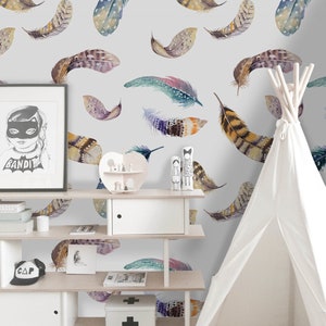 Charming Wallpaper Removable Mural, Feathers removable wallpaper brown and blue wall mural large #280T