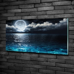 Glass Wall Art, Full Moon Glass Print, Black Print On Tempered Glass, Blue Wall Decor, Sea Wall Art, Modern Home Art, Real Float Glass