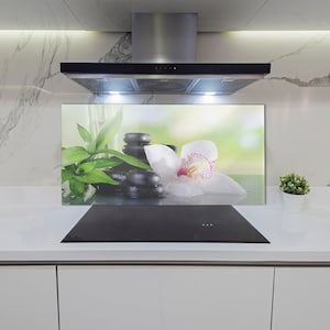 Kitchen Glass Panel, Wall Protector, Orchid And Stones Splashback, Green Kitchen Panel For Wall, White, Floral, Tempered Glass