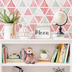 Pink Triangles wall decor, Scandinavian wall mural, Geometric removable wallpaper, Respositionable, Removable, Peel and stick MAF049