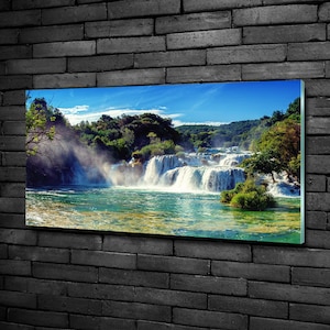 Art mural en verre, impression de paysage panoramique sur verre trempé, verre trempé vert, décoration murale bleue, impression sur verre cascade, verrerie