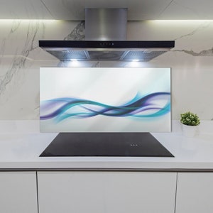 Kitchen Glass Panel, Wall Protector, Abstract Waves Backsplash, Blue Wall, Turquoise Glass Splashback, Modern Kitchen Wall Protection