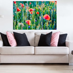 Mohnblumenfeld gerahmte Leinwand, Wiese, Blumengerahmt Großdruck, Pflanzen, Blumen Wohnkultur, cooles Poster, bunt, druckbare Fotografie