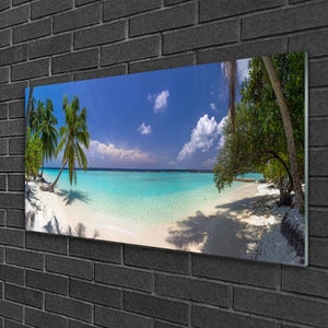 Art mural en verre, Panorama des Maldives, impression sur verre trempé, verre trempé bleu, décoration murale vert, impression sur verre de plage, verrerie