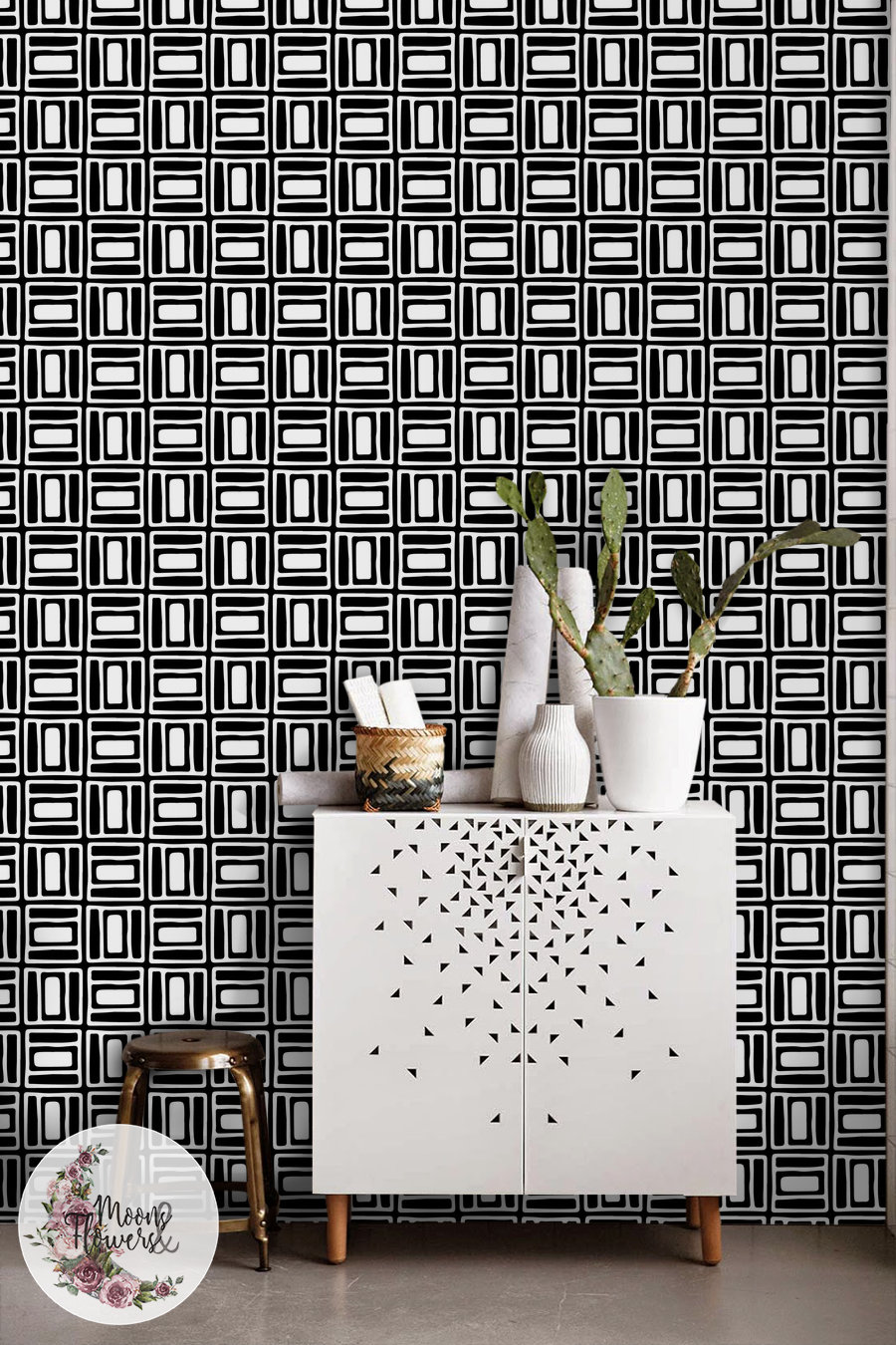 B&W Pattern Wall Mural, Geometric Wall Decor, Simple Removable ...