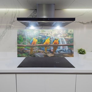 Kitchen Glass Panel, Wall Protector, Parrots On A Branch Splashback For Kitchem, Yellow Kitchen Backsplash, Blue Wall Protection, Animals