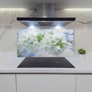 Kitchen Glass Panel, Wall Protector, Little Flowers Backsplash, White Wall, Green Glass Splashback, Floral Kitchen Wall Protection