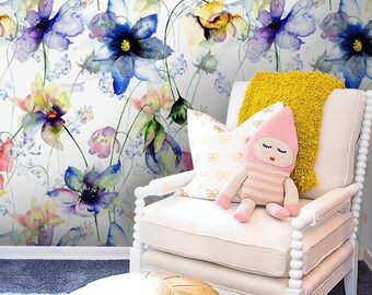 Charming Wallpaper Removable Mural, Summer flowers removable wallpaper colorful blue and green wall mural removable #168T
