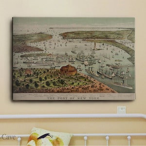 Port of New York Map Landkarte, 19.Jahrhundert, Baumwolle Leinwand, Digitaldruck, ästhetisches Dekor, gealterter Druck, umweltfreundlich #120