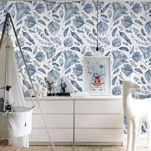 Charming Wallpaper Removable Mural, Boho Chic Indigo removable wallpaper blue and white wall mural temporary #146T