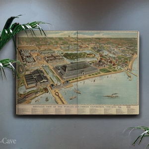 Alte Landkarte, Weltkarte aus der Vogelperspektive, columbianische Ausstellung, Baumwollleinen, Digitaldruck, antike Dekoration, einzigartiges Geschenk #122