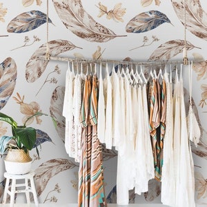 Charming Wallpaper Removable Mural, Fall feathers removable wallpaper golden and blue wall mural design #173T