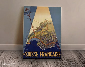 La Suisse Francaise Travel Poster Cotton Canvas, Digital Print, Retro Travel Poster, Portrait Painting, Vibrant Colors #803