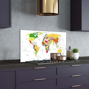 Kitchen Glass Panel, Wall Protector, World Map Backsplash, Colorfull Splashback For Kitchem, Yellow, Chart, Tempered Glass, Toughened Glass