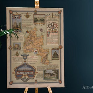 Retro Oxford Shire Map Oxford UK Baumwollleinwand, Digitaldruck, Map Poster, Art Collection, gealterter Druck, seltene Kunst #784