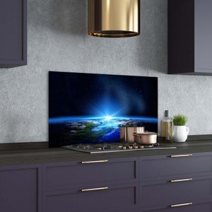 Kitchen Glass Panel, Wall Protector, Universe Backsplash For Kitchen, Blue Glass Splashback, Black, Abstract, Tempered Glass