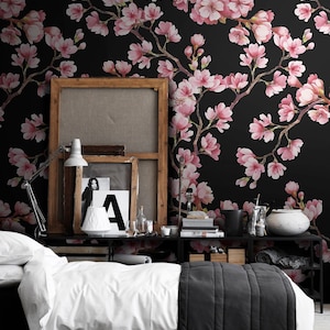 Affascinante carta da parati murale rimovibile, carta da parati rimovibile con fiori di ciliegio rosa e nero, stacca e attacca #453T
