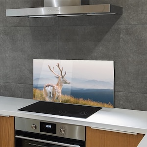 Kitchen Glass Panel, Wall Protector, Deer In The Mountains Kitchen Backsplash, Brown Glass Splashback, Blue Wall, Nature, Tempered Glass