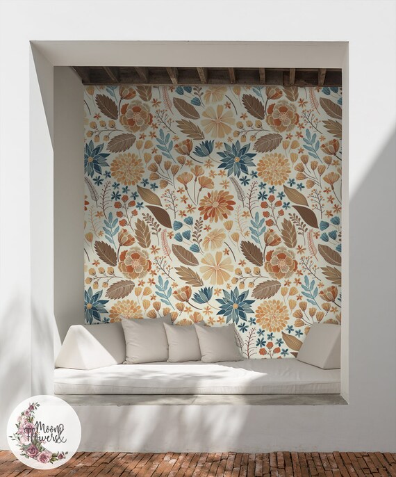 Bohmische Blumen Abnehmbare Tapete Blumen Wand Wandbild Etsy