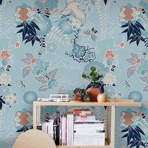 Charming Wallpaper Removable Mural, Kimono crane and flowers removable wallpaper blue wall mural photo mural #450T