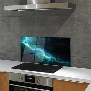 Kitchen Glass Panel, Wall Protector, Turquoise Lightning Splashback For Kitchem, Blue Kitchen Panel, Green, Abstract, Tempered Glass