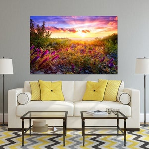 Sunset On The Meadow Poster Print, Flowers, Colorful Panels, Nature, Purple, Cloudy Sky Room Decor, Printable, Wall Art Hanging, Floral