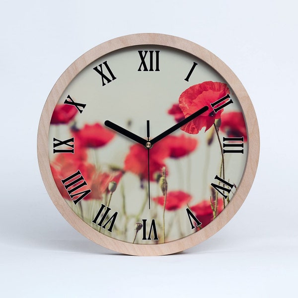 Horloge murale en bois, horloge murale fleurs de coquelicots, décoration en bois rouge, cadeau blanc pour femme, floral, décoration de salon, idée cadeau